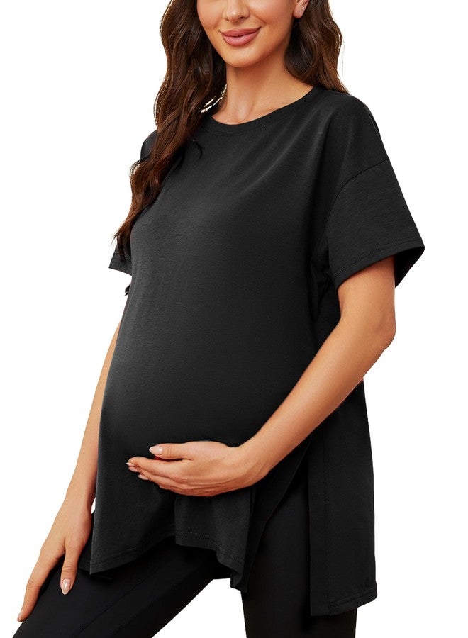 Ecavus Women's Casual Maternity Shirts Split Side Pregnancy Tops Blouses Short Sleeve Loose Fit Maternity Clothes Black - Image 1